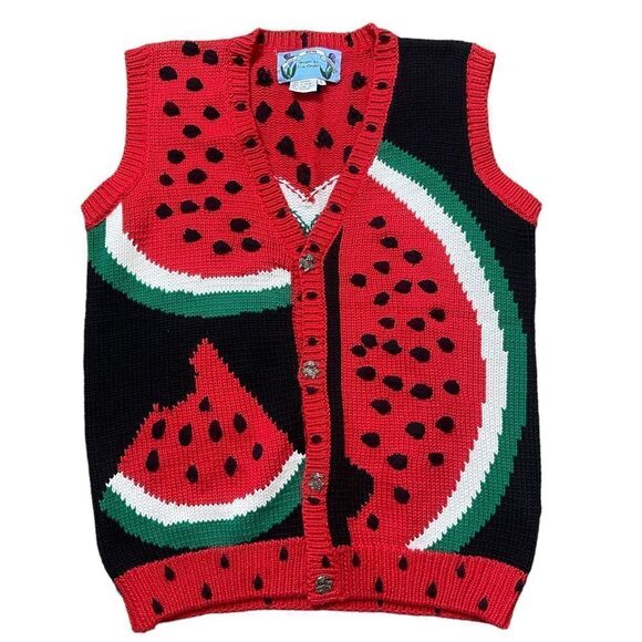 Vintage RARE Just Better Sweaters by Lisa Coufal Hand Knit Watermelon Vest Large - Picture 11 of 16